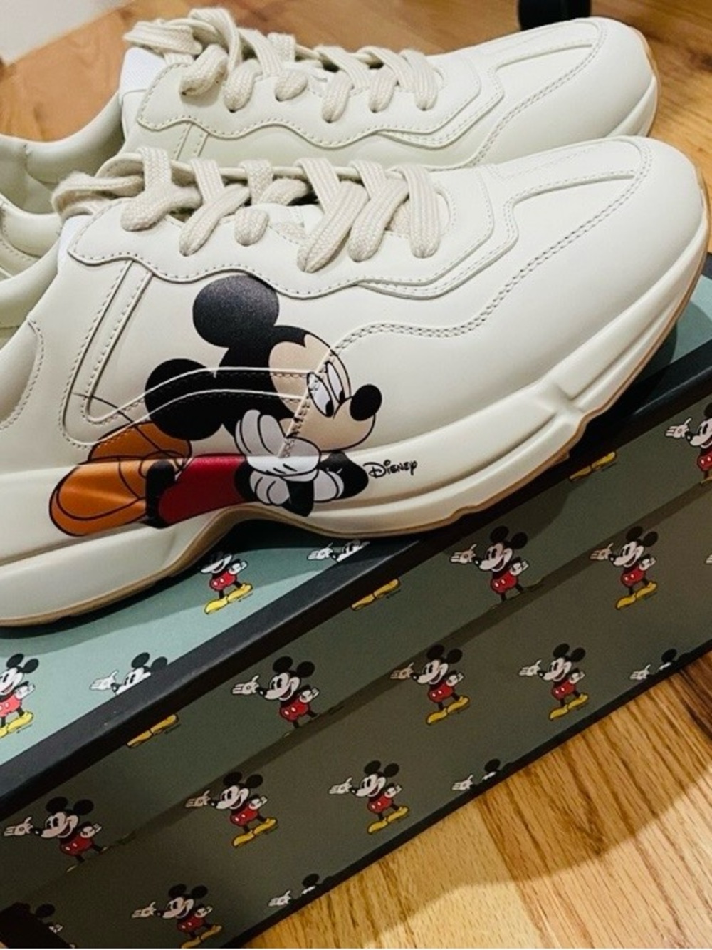 Gucci Cream Leather Sneakers with Mickey Graphic